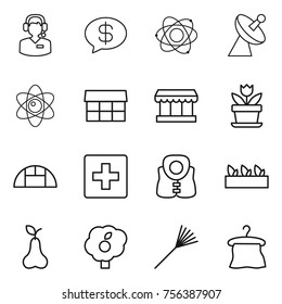 Thin line icon set : call center, money message, atom, satellite antenna, market, flower, greenhouse, first aid, life vest, seedling, pear, garden, rake, hanger