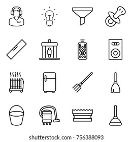 Thin line icon set : call center, bulb, funnel, nipple, level, detector, remote control, speaker, radiator, fridge, fork, broom, bucket, vacuum cleaner, sponge, plunger