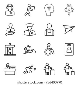 Thin line icon set : call center, courier, bulb head, jet robot, client, security man, workman, deltaplane, detector, surfer, invalid, identity card, reception, vacuum cleaner, garbage bin