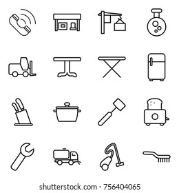Thin line icon set : call, gas station, loading, chemical, fork loader, table, iron board, fridge, stands for knives, pan, meat hammer, toaster, wrench, sweeper, vacuum cleaner, brush