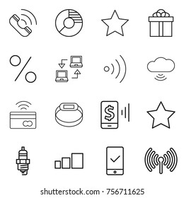 thin line icon set : call, circle diagram, star, gift, percent, notebook connect, wireless, cloud, tap to pay, smart bracelet, mobile, spark plug, sorting, checking