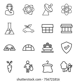 Thin line icon set : call center, atom, satellite antenna, flask, eco car, market, dome house, greenhouse, flower bed, protected, carrot, trash, hanger, garden cleaning
