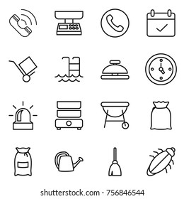 Thin line icon set : call, market scales, phone, terms, trolley, pool, service bell, watch, alarm, double boiler, bbq, flour, watering can, broom, bug