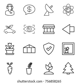 Thin line icon set : call center, money message, satellite antenna, atom, eco car, eye identity, market, left arrow, flower, greenhouse, protected, in window, carrot, seedling, sprouting, spruce