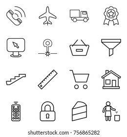 Thin Line Icon Set : Call, Plane, Truck, Medal, Monitor Arrow, Laser, Remove From Basket, Funnel, Stairs, Ruler, Cart, Home, Remote Control, Locked, Cake, Garbage Bin