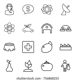 Thin line icon set : call center, money message, atom, satellite antenna, eco car, barn, dome house, stadium, first aid, lemon, seedling, pear, sprouting, tomato, trash