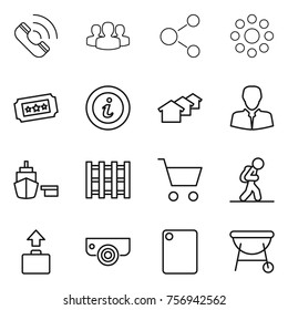 Thin line icon set : call, group, molecule, round around, ticket, info, houses, client, port, pallet, cart, tourist, baggage, surveillance camera, cutting board, bbq