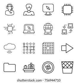 Thin line icon set : call center, woman, monitor arrow, chip, notebook, globe, connect, cloud wireless, cpu, right, documents, baggage checking, cooler fan, trash bin