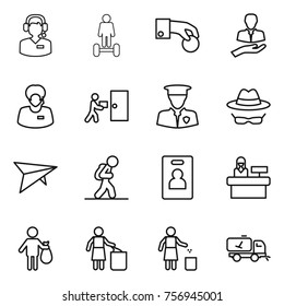 Thin line icon set : call center, hoverboard, hand coin, client, support manager, courier delivery, security man, confidential, deltaplane, tourist, identity card, reception, trash, garbage bin