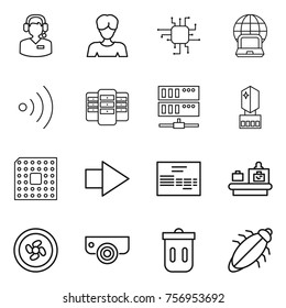 Thin line icon set : call center, woman, chip, notebook globe, wireless, server, crystall memory, cpu, right arrow, invoice, baggage checking, cooler fan, surveillance camera, trash bin, bug