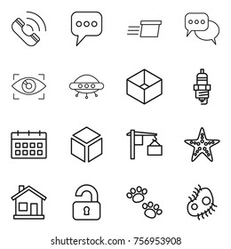 Thin line icon set : call, message, delivery, discussion, eye identity, ufo, box, spark plug, calendar, 3d, loading, starfish, home, unlocked, pets, microb