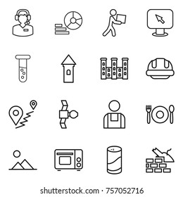 Thin line icon set : call center, diagram, courier, monitor arrow, vial, tower, palace, building helmet, route, satellite, workman, cafe, landscape, grill oven, cleanser powder, construct garbage