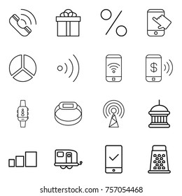 Thin line icon set : call, gift, percent, touch, diagram, wireless, phone, pay, smart watch, bracelet, antenna, goverment house, sorting, trailer, mobile checking, grater