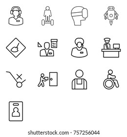 Thin line icon set : call center, hoverboard, virtual mask, jet robot, under construction, architector, support manager, customs control, do not trolley sign, courier delivery, workman, invalid