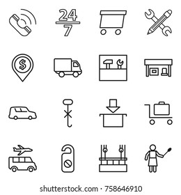 Thin line icon set : call, 24 7, delivery, pencil wrench, dollar pin, tools, gas station, car shipping, do not hook sign, package, baggage trolley, transfer, distrub, skysrcapers cleaning