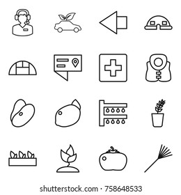 Thin line icon set : call center, eco car, left arrow, dome house, greenhouse, location details, first aid, life vest, beans, lemon, watering, seedling, sprouting, tomato, rake