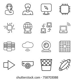 Thin line icon set : call center, woman, monitor arrow, chip, notebook globe, connect, wireless, server, cloud, web cam, cpu, right, surveillance camera, trash bin, bug