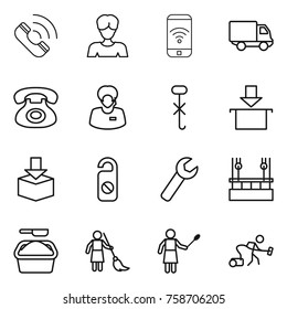 Thin line icon set : call, woman, phone wireless, delivery, support manager, do not hook sign, package, distrub, wrench, skysrcapers cleaning, washing powder, brooming, with duster, vacuum cleaner