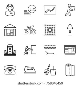 Thin line icon set : call center, diagram, statistics, courier, warehouse, bio, cpu, tower, mansion, delivery, lounger, wardrobe, phone, iron, bucket and broom, paper towel