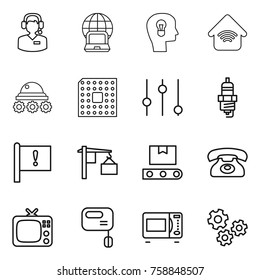 Thin line icon set : call center, notebook globe, bulb head, wireless home, lunar rover, cpu, equalizer, spark plug, important flag, loading, transporter tape, phone, tv, mixer, microwave oven Thin line icon set : call center, notebook globe, bulb head, wireless home, lunar rover, cpu, equalizer, spark plug, important flag, loading, transporter tape, phone, tv, mixer, microwave oven