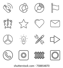 Thin line icon set : call, circle diagram, flag, alarm clock, star, heart, mail, bulb, pencil wrench, right arrow, phone, ring button, radiator