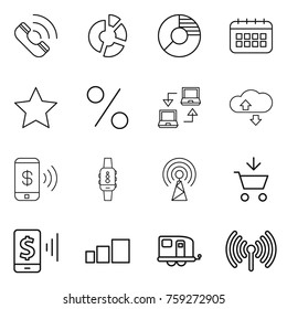 Thin line icon set : call, circle diagram, calendar, star, percent, notebook connect, cloude service, phone pay, smart watch, antenna, add to cart, mobile, sorting, trailer, wireless