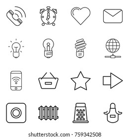 Thin line icon set : call, alarm clock, heart, mail, bulb, globe connect, phone wireless, remove from basket, star, right arrow, ring button, radiator, grater, apron