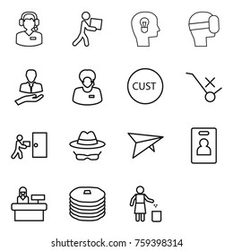 Thin line icon set : call center, courier, bulb head, virtual mask, client, support manager, customs, do not trolley sign, delivery, confidential, deltaplane, identity card, reception, pancakes