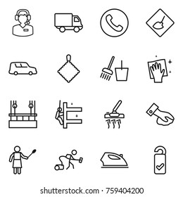 Thin line icon set : call center, delivery, phone, under construction, car shipping, rag, bucket and broom, wiping, skysrcapers cleaning, skyscrapers, vacuum cleaner, woman with duster, iron