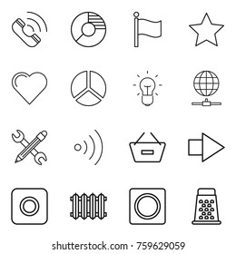 Thin line icon set : call, circle diagram, flag, star, heart, bulb, globe connect, pencil wrench, wireless, remove from basket, right arrow, ring button, radiator, grater