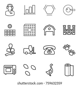 Thin line icon set : call center, graph, hex molecule, cell corection, sun power, cpu, barn, palace, client, fork loader, phone, pets, grill oven, seeds, goose, paper towel