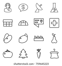 Thin line icon set : call center, money message, satellite antenna, flask, market, greenhouse, location details, first aid, beans, lemon, seedling, pear, tomato, spruce, carrot, hanger