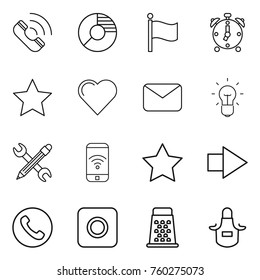 Thin line icon set : call, circle diagram, flag, alarm clock, star, heart, mail, bulb, pencil wrench, phone wireless, right arrow, ring button, grater, apron
