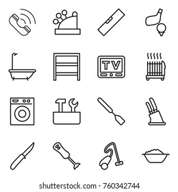 Thin line icon set : call, cashbox, level, golf, bath, rack, tv, radiator, washing machine, repair tools, spatula, knife holder, blender, vacuum cleaner, foam basin