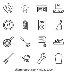 Thin line icon set : call, bulb, gas station, transporter tape, barometer, remote control, speaker, broom, pan, whisk, mixer, soil cutter, fork, wheelbarrow, wrench, bucket