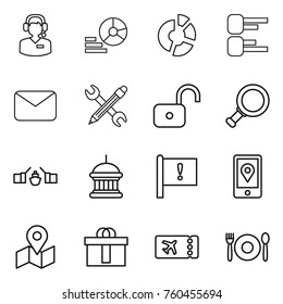 Thin line icon set : call center, diagram, circle, mail, pencil wrench, unlock, magnifier, drawbridge, goverment house, important flag, mobile location, map, hi quality package, ticket, cafe