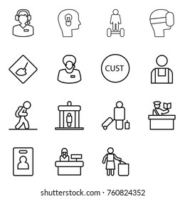 Thin line icon set : call center, bulb head, hoverboard, virtual mask, under construction, support manager, customs, workman, tourist, detector, passenger, inspector, identity card, reception