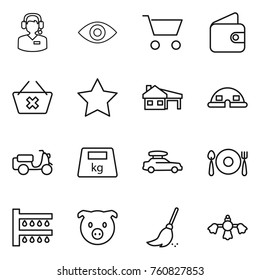 Thin line icon set : call center, eye, cart, wallet, delete, star, house with garage, dome, scooter shipping, heavy, car baggage, fork spoon plate, watering, pig, broom, hard reach place cleaning