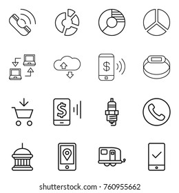 Thin line icon set : call, circle diagram, notebook connect, cloude service, phone pay, smart bracelet, add to cart, mobile, spark plug, goverment house, location, trailer, checking