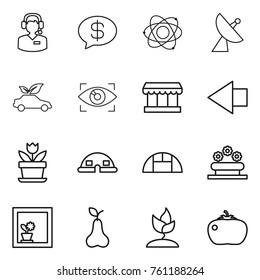 Thin line icon set : call center, money message, atom, satellite antenna, eco car, eye identity, market, left arrow, flower, dome house, greenhouse, bed, in window, pear, sprouting, tomato