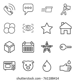 Thin line icon set : call, message, delivery, courier, atom core, eye identity, star, home, 3d, calendar, starfish, key, grill oven, pig, drop, hand