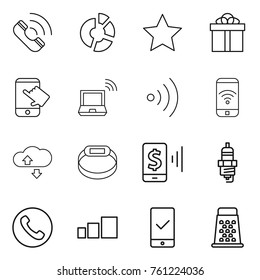 Thin line icon set : call, circle diagram, star, gift, touch, notebook wireless, phone, cloude service, smart bracelet, mobile pay, spark plug, sorting, checking, grater