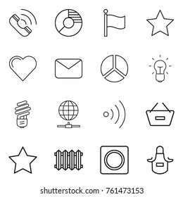 Thin line icon set : call, circle diagram, flag, star, heart, mail, bulb, globe connect, wireless, remove from basket, radiator, ring button, apron