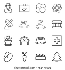 Thin line icon set : call center, calendar, atom core, satellite antenna, eco car, electric, market, flower, barn, stadium, first aid, beans, carrot, seedling, spruce