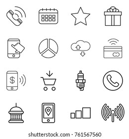 Thin line icon set : call, calendar, star, gift, touch, diagram, cloude service, tap to pay, phone, add cart, spark plug, goverment house, mobile location, sorting, wireless
