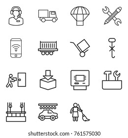 Thin line icon set : call center, truck, parachute, pencil wrench, phone wireless, shipping, trolley, do not hook sign, courier delivery, package, atm, repair tools, skysrcapers cleaning, car wash