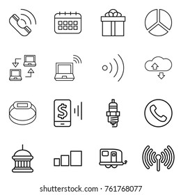 Thin line icon set : call, calendar, gift, diagram, notebook connect, wireless, cloude service, smart bracelet, mobile pay, spark plug, phone, goverment house, sorting, trailer