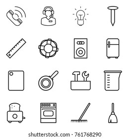 Thin line icon set : call, center, bulb, nail, ruler, lifebuoy, speaker, fridge, cutting board, pan, repair tools, measuring cup, toaster, oven, rake, broom