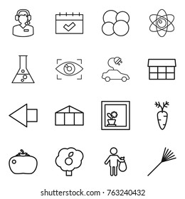 Thin line icon set : call center, calendar, atom core, flask, eye identity, electric car, market, left arrow, greenhouse, flower in window, carrot, tomato, garden, trash, rake