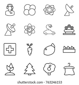 Thin line icon set : call center, atom core, satellite antenna, electric car, flower bed, first aid, carrot, lemon, seedling, sprouting, spruce, garden, hanger